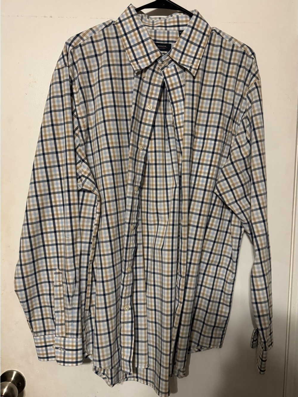 Arrow USA 1851 Men’s XL Plaid Button Down Shirt Blue Tan Long Sleeve